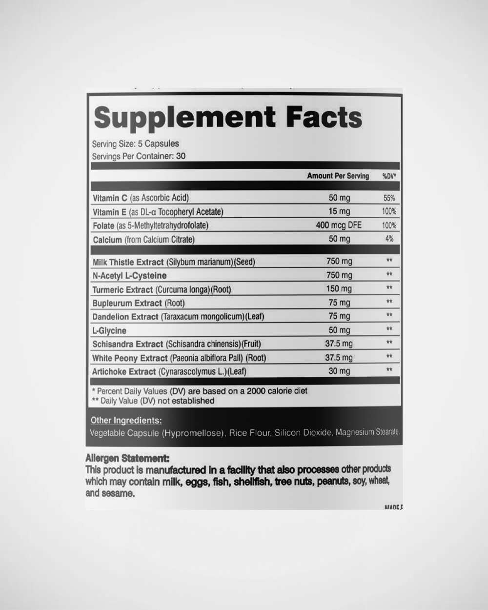 Liver Guard supplement facts label