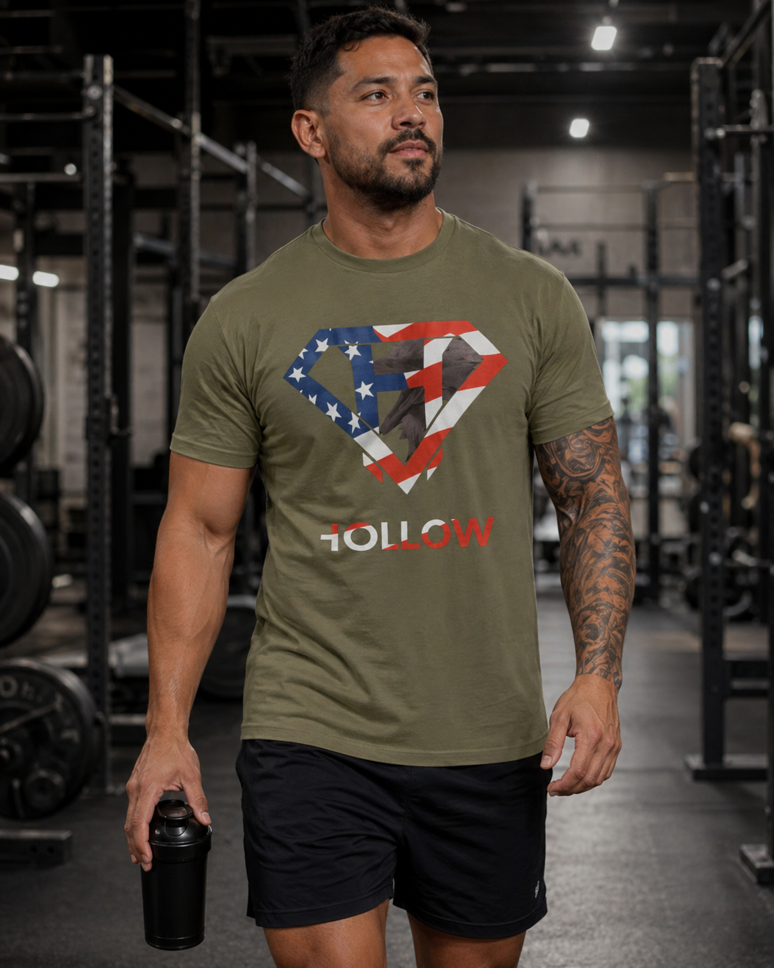 Hollow American Flag Heavyweight Tee - Military Green