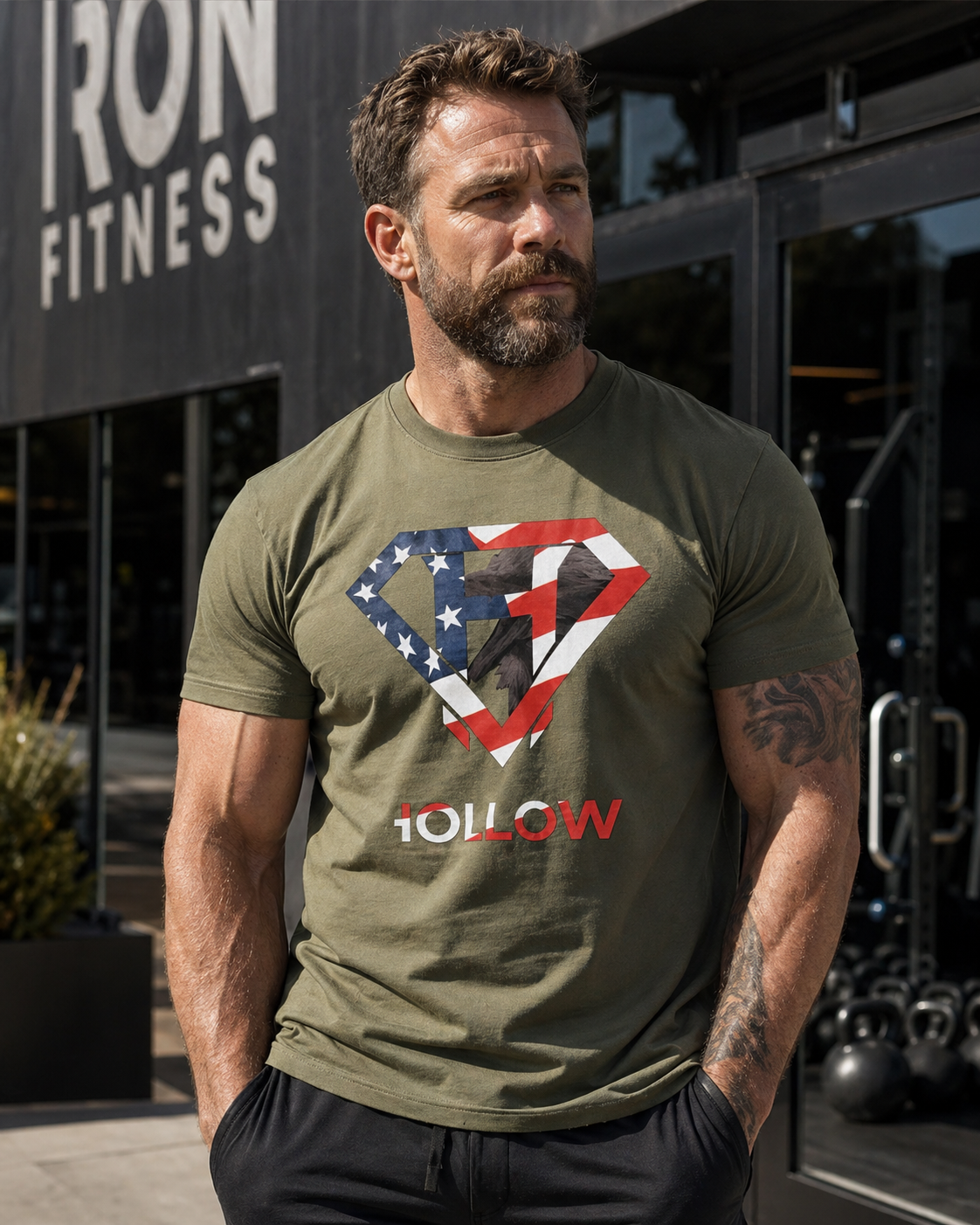 Hollow American Flag Heavyweight Tee - Military Green