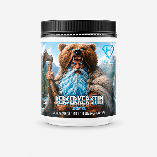 Hollow Labs Berserker Stim supplement on a light gray background