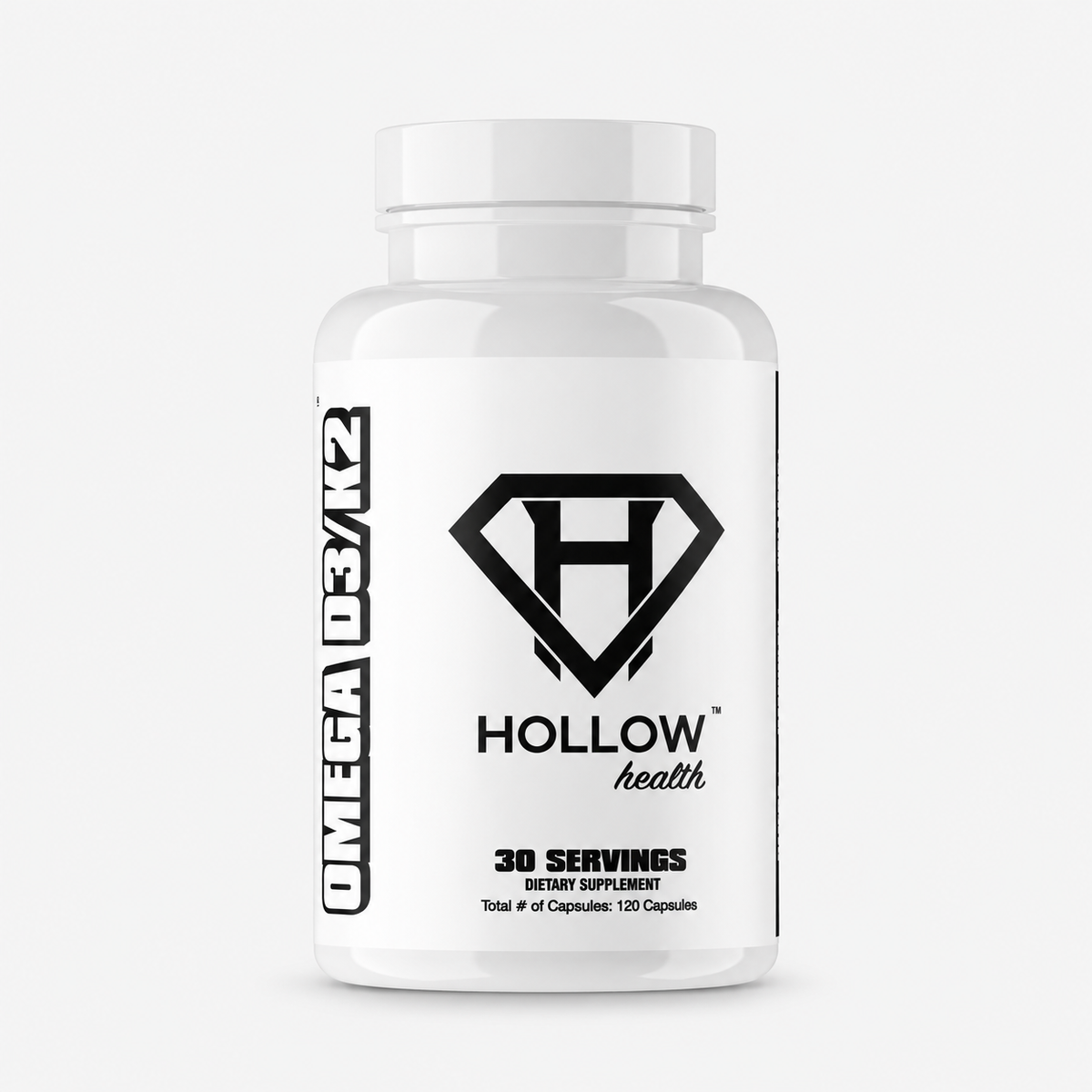 Hollow Labs Omega D3 K2 supplement on a light gray background