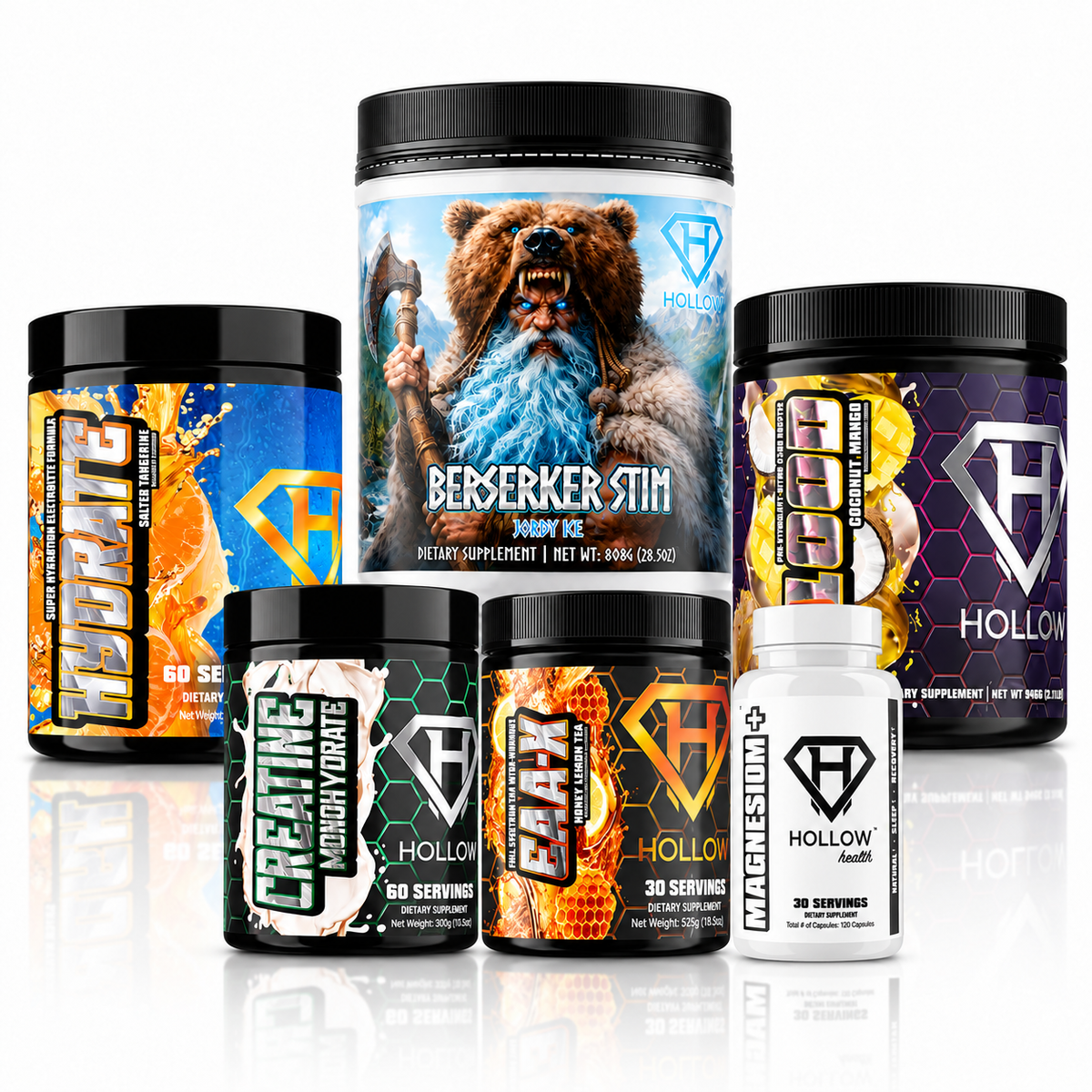 Hollow Labs Founders Stack: Hydrate, Creatine Monohydrate, Berserker Stim, Flood V2, EAAX V2 and Magnesium+