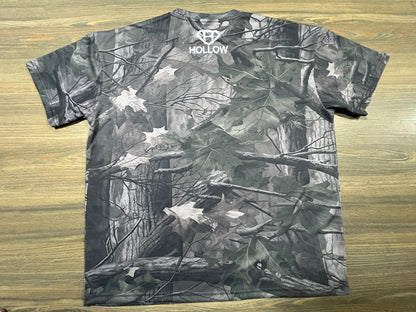 Actual back of the Hollow woodland camo tee laid flat showing logo placement