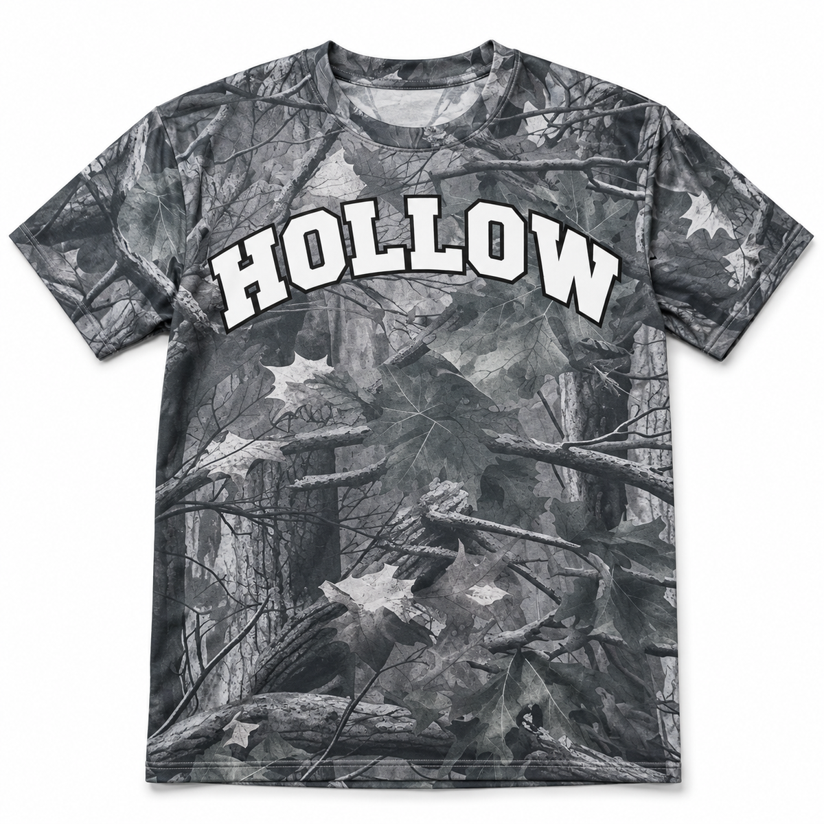 Front product render of the Hollow Woodland Camo Tee on a white background